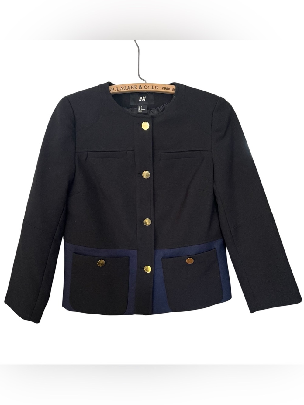 H&M Black and Navy Contrast Collarless Blazer Jacket with Gold Buttons
